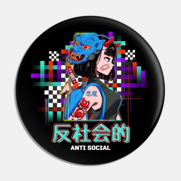 Vaporwave Antisocial Oni Samurai Anime Girl Pin by Sugoi Otaku Gifts