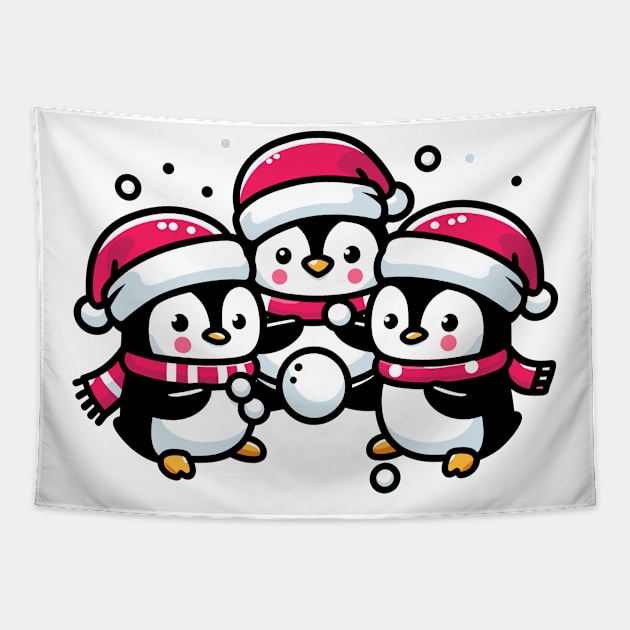 Adorable Cute Penguin Santa Hat Winter Snowball Fight Tapestry by Francois Ringuette