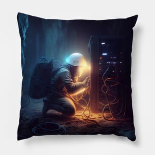 Distressed informatician fixing at the bottom of a mine Pillow