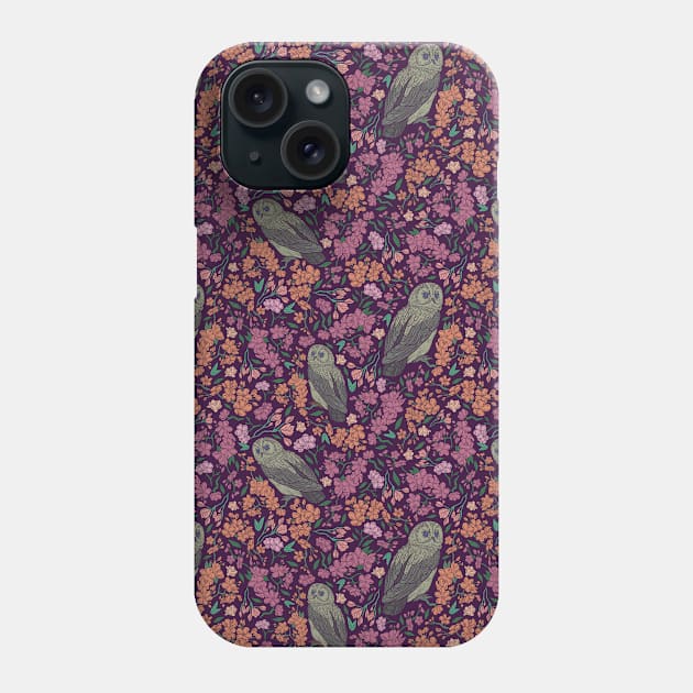 Grey owls amoung bright cherry flower branches Phone Case by PinataFoundry