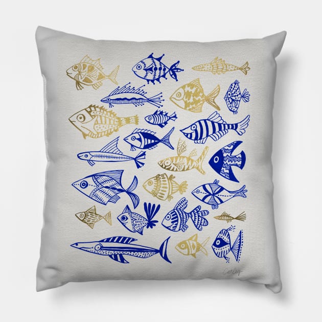 fish inkings navy gold Pillow by CatCoq