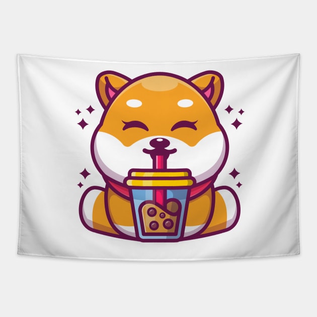 Cute shiba inu dog drinking boba milk tea cartoon Tapestry by Wawadzgnstuff