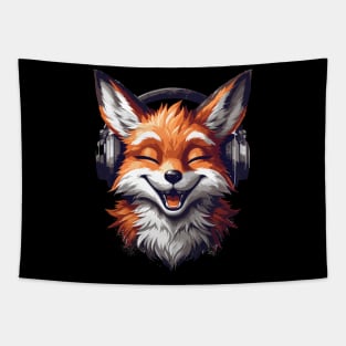 Funny Smiling musical fox wearing headphones Tapestry