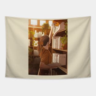 Book Lover Girl with Cat Tapestry