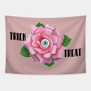 Spooky pink rose treat or treat (pink background) Tapestry