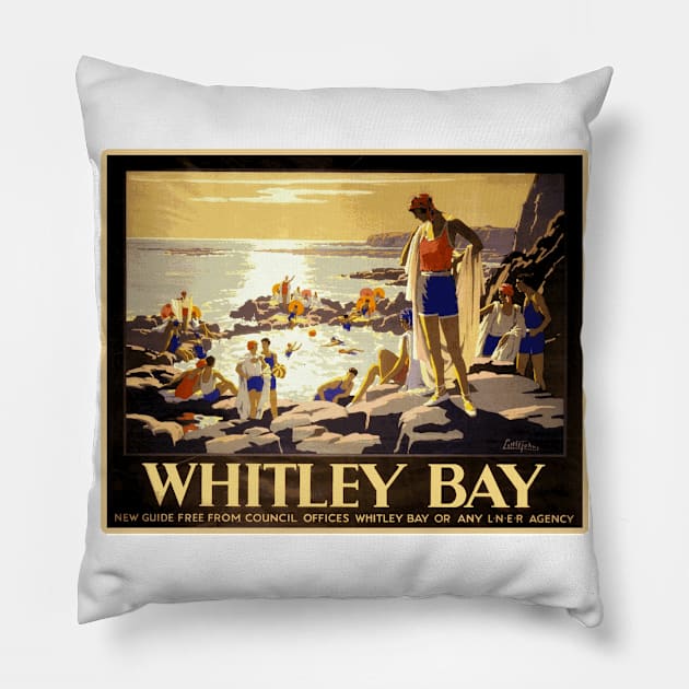 Vintage British Travel Poster: Whitley Bay Pillow by Naves