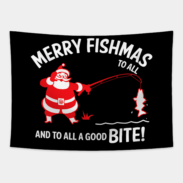 Merry Fishmas to All Good Bite Christmas Fishing Santa Tapestry by kasperek