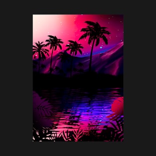 Neon landscape: Pink purple tropical beach T-Shirt