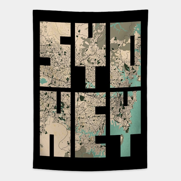 Sydney, Australia City Map Typography - Vintage Tapestry by deMAP Studio