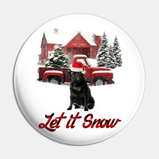 Black Pug Let It Snow Tree Farm Red Truck Christmas Pin