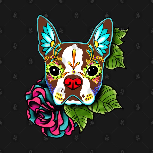 Boston Terrier in Red - Day of the Dead Sugar Skull Dog by prettyinink