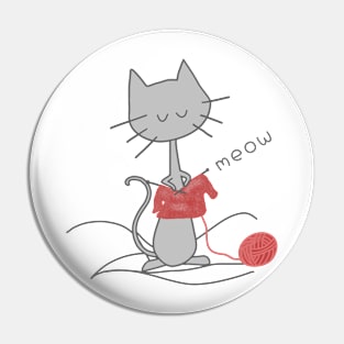 Grey Knitting Cat - White Pin