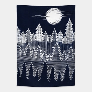 Misty, Moonlit Trees Linocut in Blue and White Tapestry