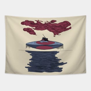 1970s Sci-Fi Spaceship Flying Over Water Tapestry