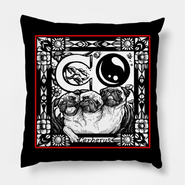 Pug Dog Cerberus - Red Outlined Version Pillow by Nat Ewert Art