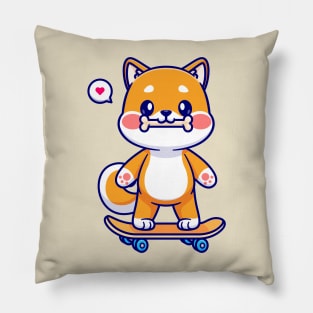 Cute Shiba Inu Bite Bone On Skateboard Cartoon Pillow