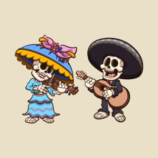 Mexican Mariachi And Catrina Skeleton Playing Music T-Shirt