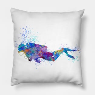 Scuba Diver Colorful Watercolor Pillow