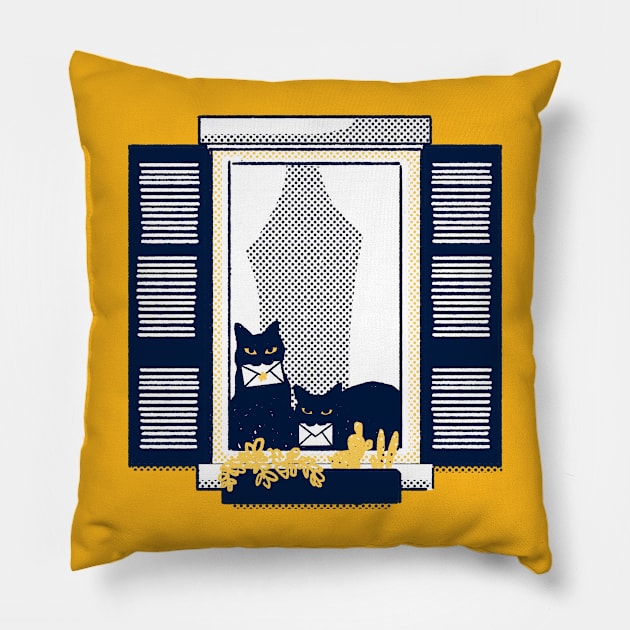 Windowsill cats - Black cat duo on a tipical italian window in a "Milano yellow" building holding le Pillow by tostoini