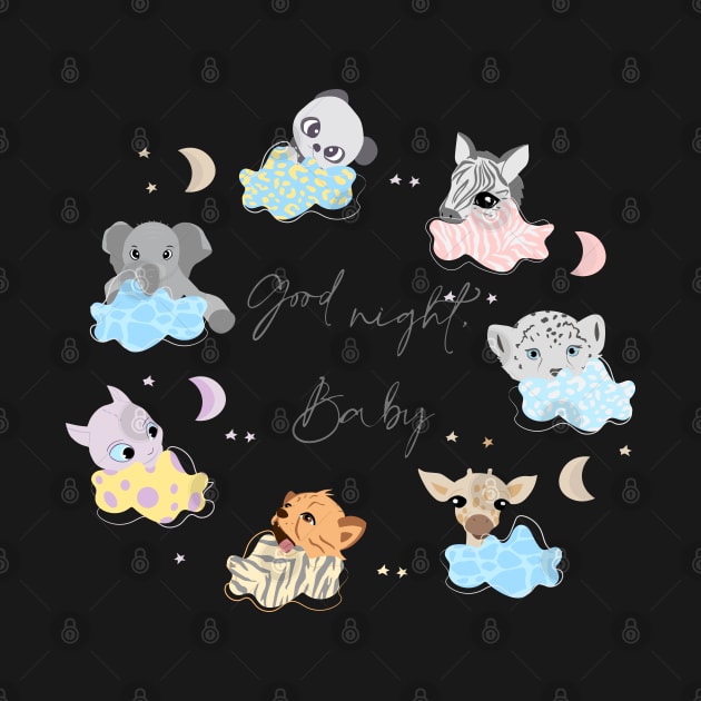 Sleeping baby animals on clouds, cute safari animals, good night baby set by PrimeStore