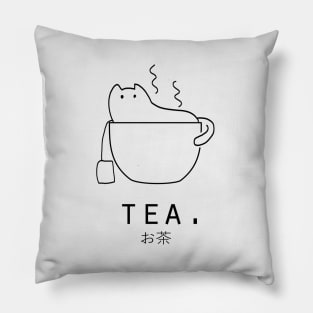 Tea "Ocha" with Kawaii Cat Japanese Minimalist Simple Art Pillow