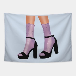 Black strappy platform heel with purple socks that are adorned with pearls and diamanté's Tapestry