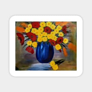 red poppies and yellow flower in a vase Magnet