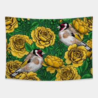 Yellow Rose flowers and goldfinch birds Tapestry