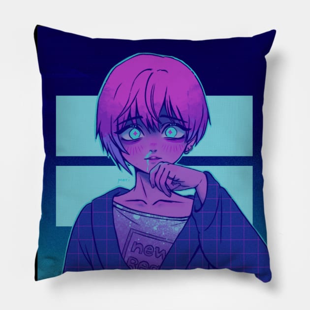 Neon, Anime, Cyan Blood, Pink hair, Digital Painting Pillow by Dream.Mori