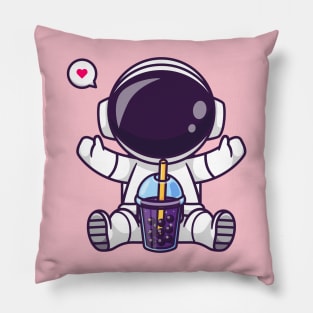 Cute Astronaut Drinking Boba Milk Tea Space Cartoon Pillow