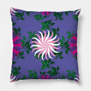 White, Pink, Cerise and Purple Flowers on a Vine Leaves and Mauve background Pillow