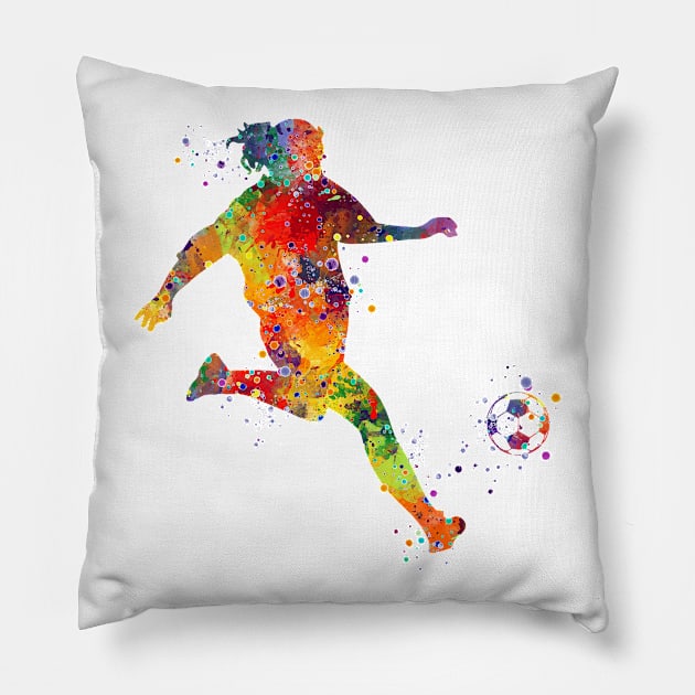 Girl Soccer Player Kick Watercolor Silhouette Pillow by LotusGifts