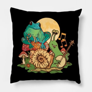 Banjo playing Snail with Frog sitting on Mushroom Pillow