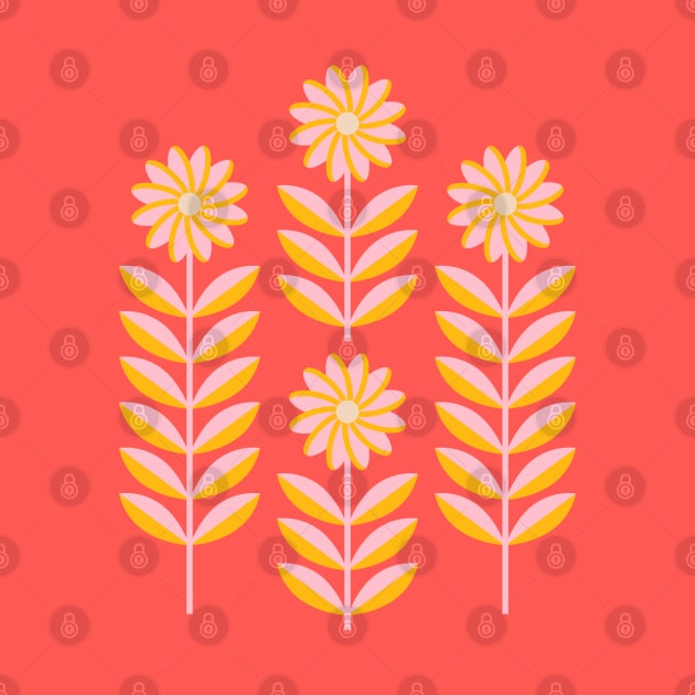 LOVE ME LOVE ME NOT Folk Art Mid-Century Modern Scandi Floral in Pink and Orange on Coral Orange - UnBlink Studio by Jackie Tahara by UnBlink Studio by Jackie Tahara