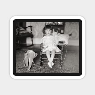 Little Girl with Stuffed Toys, 1922. Vintage Photo Magnet