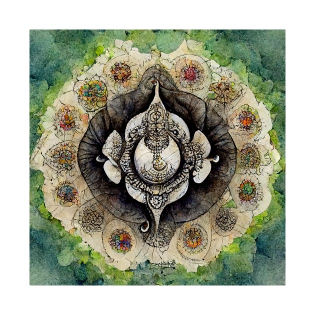 Watercolor Fractal Mandala Elephant Zentangle by Prilidiarts