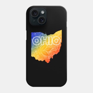 Colorful mandala art map of Ohio with text in blue, yellow, and red Phone Case