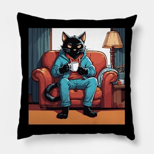 Black Cat Enjoying a Mug of Hot Chocolate Pillow