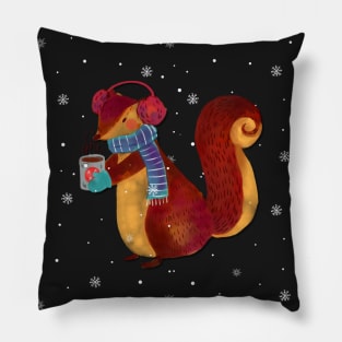 Winter squirrel drinking coffee Pillow