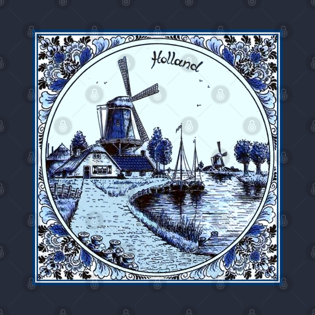 Dutch Blue Delft Sailboats and Windmills Print by posterbobs