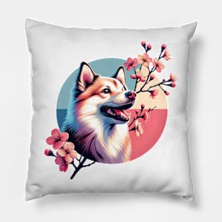 Norwegian Buhund's Joyful Spring Cherry Blossom Moment Pillow