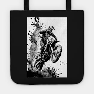 Dirt bike wheelie - black silhouette, white background Tote