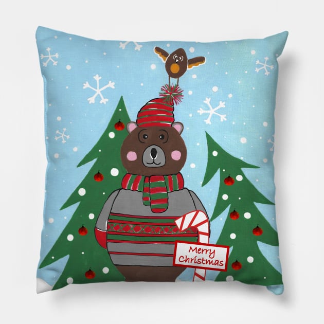 Christmas Bear Funny Merry Beary Xmas Acrylic Painting Pillow by SartorisArt1