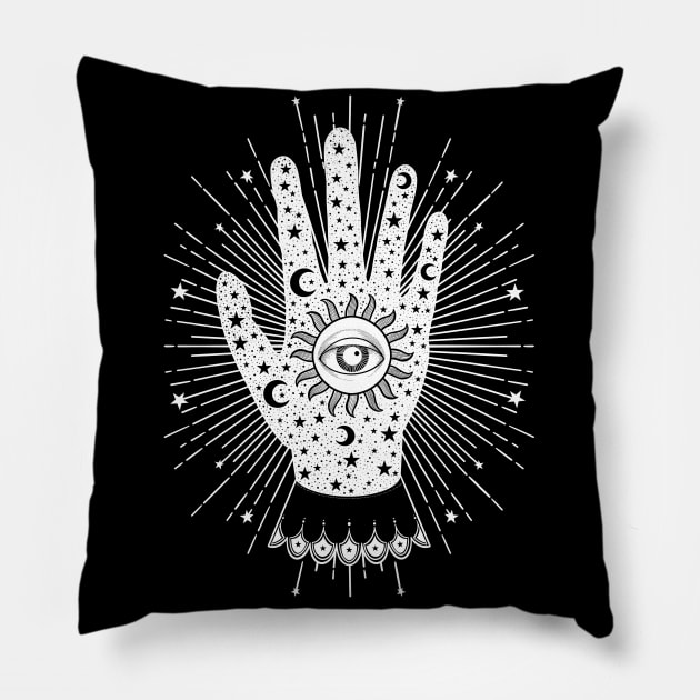 Palmistry Palm with All Seeing Eye, Sun, Moon and Stars in White Pillow by The Lunar Resplendence