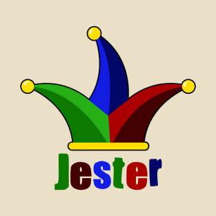 Jester with jester hat in green, blue, red, yellow and black T-Shirt