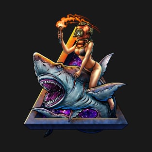 Diver girl retro and angry shark #2 T-Shirt