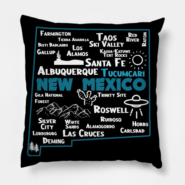 Cute map of Tucumcari New Mexico Albuquerque Map Santa Fe Los Alamos, Taos,Roswell Las Cruces Deming Carlsbad Silver City Pillow by BoogieCreates