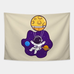 Cute Astronaut Flying In Space With Hot Air Balloon Moon Cartoon Tapestry