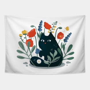 Black cat in the garden with flowers Tapestry