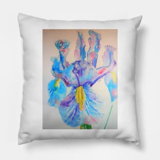 Iris Watercolor Painting - Blue with Raindrops Pillow